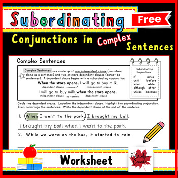 Preview of Subordinating Conjunctions in Complex Sentences Free Grammar Worksheet