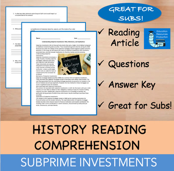 Preview of Subprime Investments - Reading Comprehension Passage & Questions