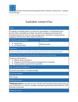 Preview of Subsidies Lesson Plan and Video