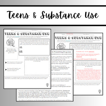 Preview of Substance Use & Teens - The Teen Brain - Dangers of Teen Drug Use Worksheet