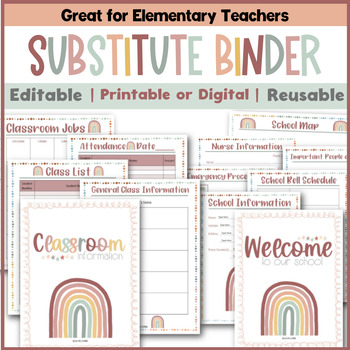 Preview of Substitute Teacher Binder -EDITABLE BOHO Rainbow Sub Binder Templates