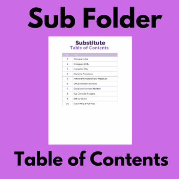 Preview of Substitute Folder sub Organization table of contents index