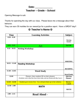 Substitute Lesson Plan Template Easy Organized By Deanna Duray