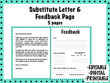 Preview of Substitute Letter and Feedback Page (EDITABLE, DIGITAL, PRINTABLE)