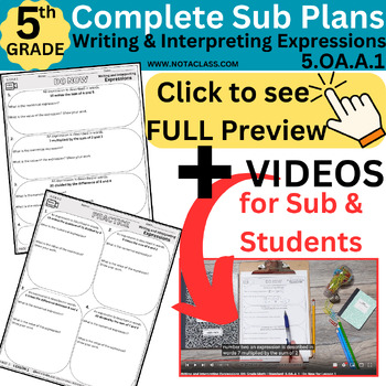 Preview of Expressions Math Sub Plans for 5th Grade | Writing and Interpreting Expressions