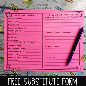 Preview of FREE Back to School Substitute Teacher Contact Sheet