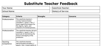 Preview of Substitute Teacher - Feedback Rubric