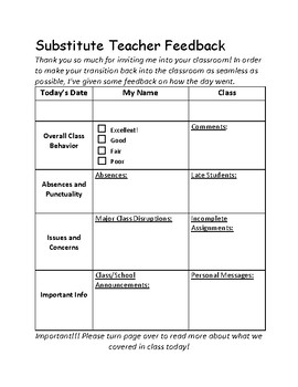 Preview of Substitute Teacher Feedback Sheet