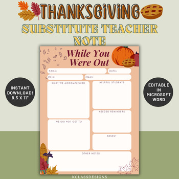 Preview of Substitute Teacher Note | Fall | Pumpkins | November | Printable | Thanksgiving