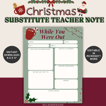 Preview of Substitute Teacher Note | Winter | Snowy | December | Cozy | Printable Report