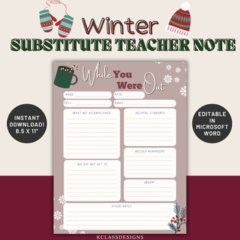 Preview of Substitute Teacher Note | Winter | Snowy | Hot Cocoa | Cozy | Printable