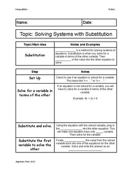 Preview of Substitution Method for Systems of Two Equations Quick Notes