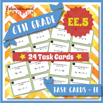 Preview of 6.EE.5 Task Cards ⭐ Solve Equations and Inequalities by Substitution 6th Grade