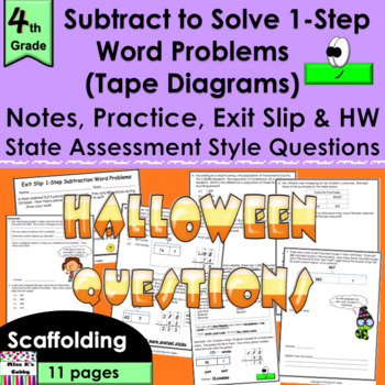 Preview of Subtract 1-Step Halloween Word Problems: notes, CCLS practice, exit slip, HW