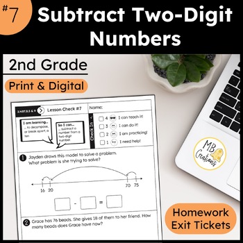 Preview of Two-Digit Subtraction Worksheet & Slides L7 2nd Grade iReady Math Exit Tickets