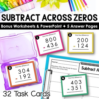 Preview of Subtract Across Zeros Task Cards | Subtraction Activities & Subtraction Center