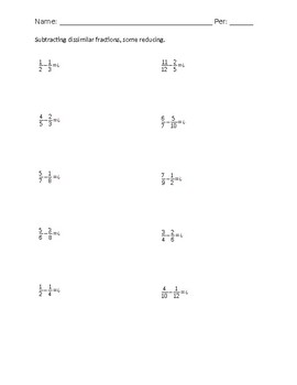 Subtract Dissimilar Fractions Worksheet By Shaner's Toolbox | Tpt