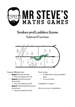 Preview of Subtract Fractions Game Snakes Ladders Subtraction Year 6 Year 7 ACMNA153