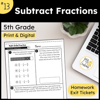 Preview of Subtract Fractions Worksheet and Slides L13 5th Grade iReady Math Exit Tickets