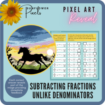 Preview of Subtract Fractions w/ Unlike Denominators - Horse Silhouette Digital Pixel Art