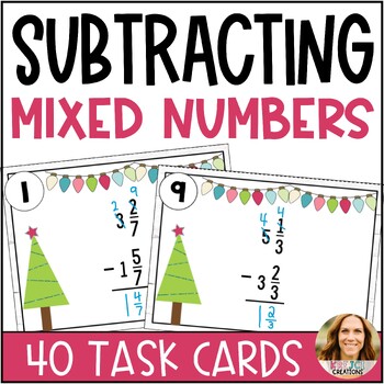 Preview of Subtract Mixed Numbers with Regrouping Christmas Task Cards - Like Denominators