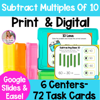 Preview of Subtract Multiples Of 10 | 6 LOW PREP Math Centers | Digital and Print | 1.NBT.6