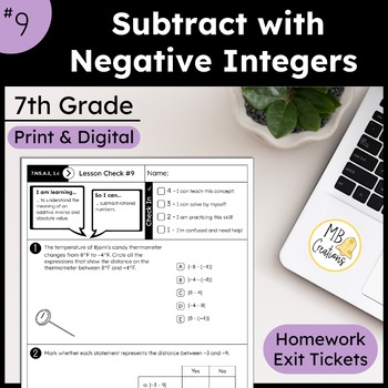 Preview of Subtract Negative Integers Worksheets & Exit Tickets - iReady Math 7th Grade L9