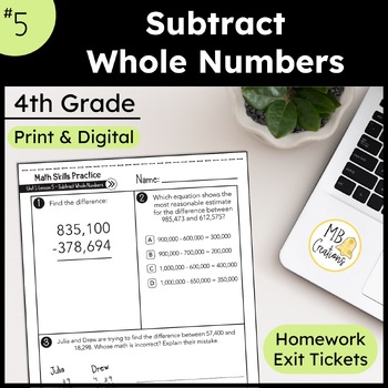 Preview of Subtract Multidigit Whole Numbers Worksheet L5 4th Grade iReady Math Exit Ticket