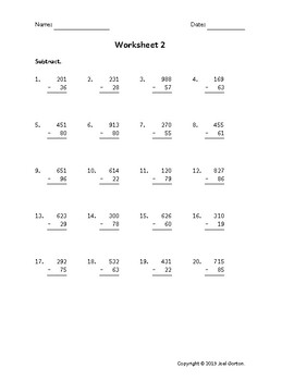 Subtract a 2-digit number from a 3-digit number (50 worksheets) by ...