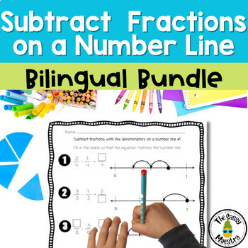 Preview of Subtract fractions on a number line English & Spanish 4th grade Bilingual Bundle