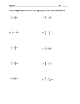 Preview of Subtract mixed numbers with uncommon denominators, no regrouping worksheet