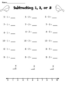 Preview of Subtracting 1 2 3 Number line Fact Fluency Practice