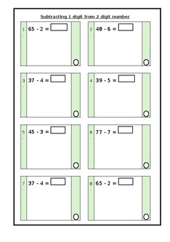 Preview of Subtracting 1 digit from 2 digit numbers. Not crossing 10. Worksheet