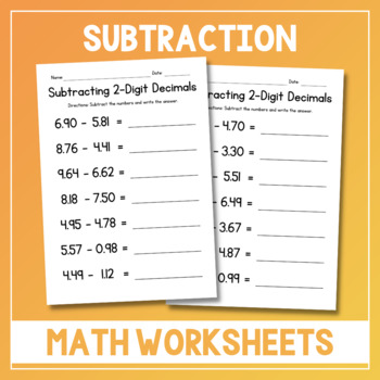 Subtracting 2-Digit Decimals Worksheets - Subtraction Practice - Test Prep