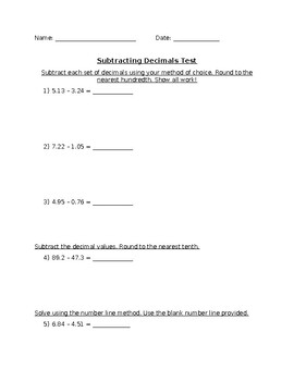 Preview of Subtracting Decimals Test - 4th, 5th, 6th Grade