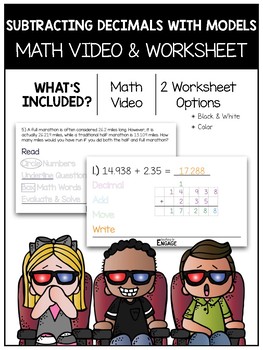 Preview of 5.NBT.7: Subtracting Decimals With Models Math Video and Worksheet