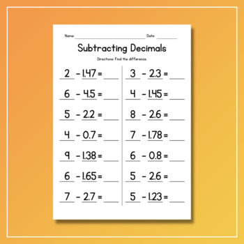 subtracting decimals from whole numbers worksheets subtraction practice