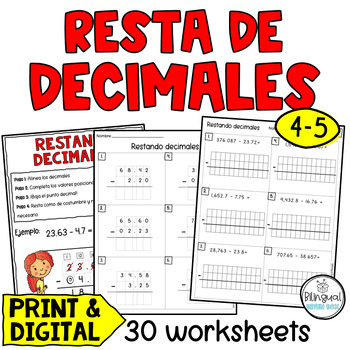 Preview of Subtracting Decimals in Spanish - Resta de decimales Worksheets