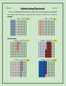 subtracting decimals on a grid answer key included color in worksheet