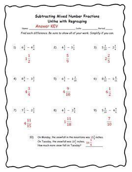 subtracting mixed number fractions with regrouping worksheet and answer key