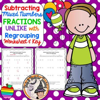 Preview of Subtracting Mixed Number Fractions with Regrouping Worksheet and Answer KEY