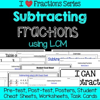 Preview of Subtracting Fractions Unit -Pretest, Post-test, Poster, Cheat Sheet, Worksheets
