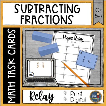 Preview of Subtracting Fractions Unlike Denominators Task Cards Havoc Math Relay