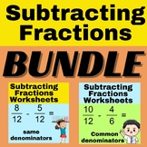 Subtracting Fractions Worksheets Bundle | Same denominator