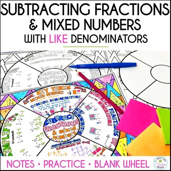 Preview of Subtracting Fractions and Mixed Numbers with Like Denominators Math Doodle Wheel