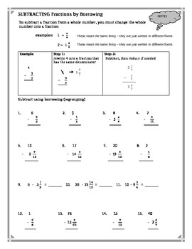 subtracting fractions by borrowing worksheet by kathy hall tpt