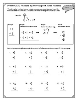 Subtracting Fractions by Borrowing with Mixed Numbers Worksheet by