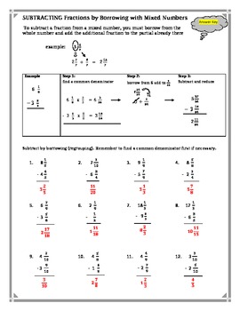 subtracting fractions by borrowing with mixed numbers worksheet by kathy hall