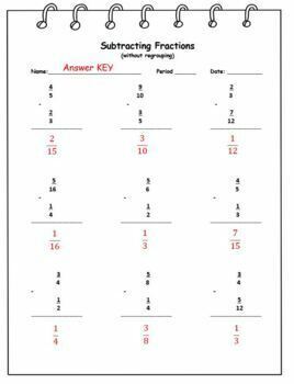 Subtracting Fractions with NO Regrouping Worksheet and Answer KEY