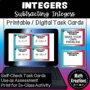 Preview of Subtracting INTEGERS - Digital or Printable Task Cards | Google Slides